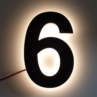 Mat zwart huisnummer met verlichting 20 cm hoog - Nummer 6