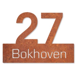 Naambordje voordeur Cortenstaal met huisnummer lasergesneden - 30 x 20 cm
