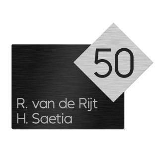 Naambordje voordeur zwart RVS Look gegraveerd met huisnummer - 25 x 19 cm